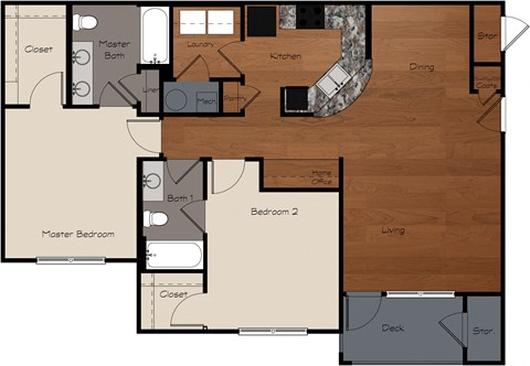 Floor plan for 2 beds, 2 baths, 1126 sqft